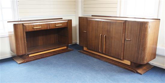 An Art Deco walnut sideboard and matching serving table, sideboard W.6ft